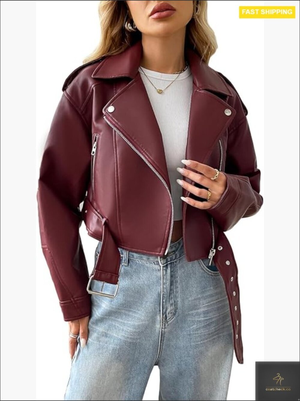 Faux Leather Cropped Jacket Classic Motor Biker Coat with Belt Vintage Chic